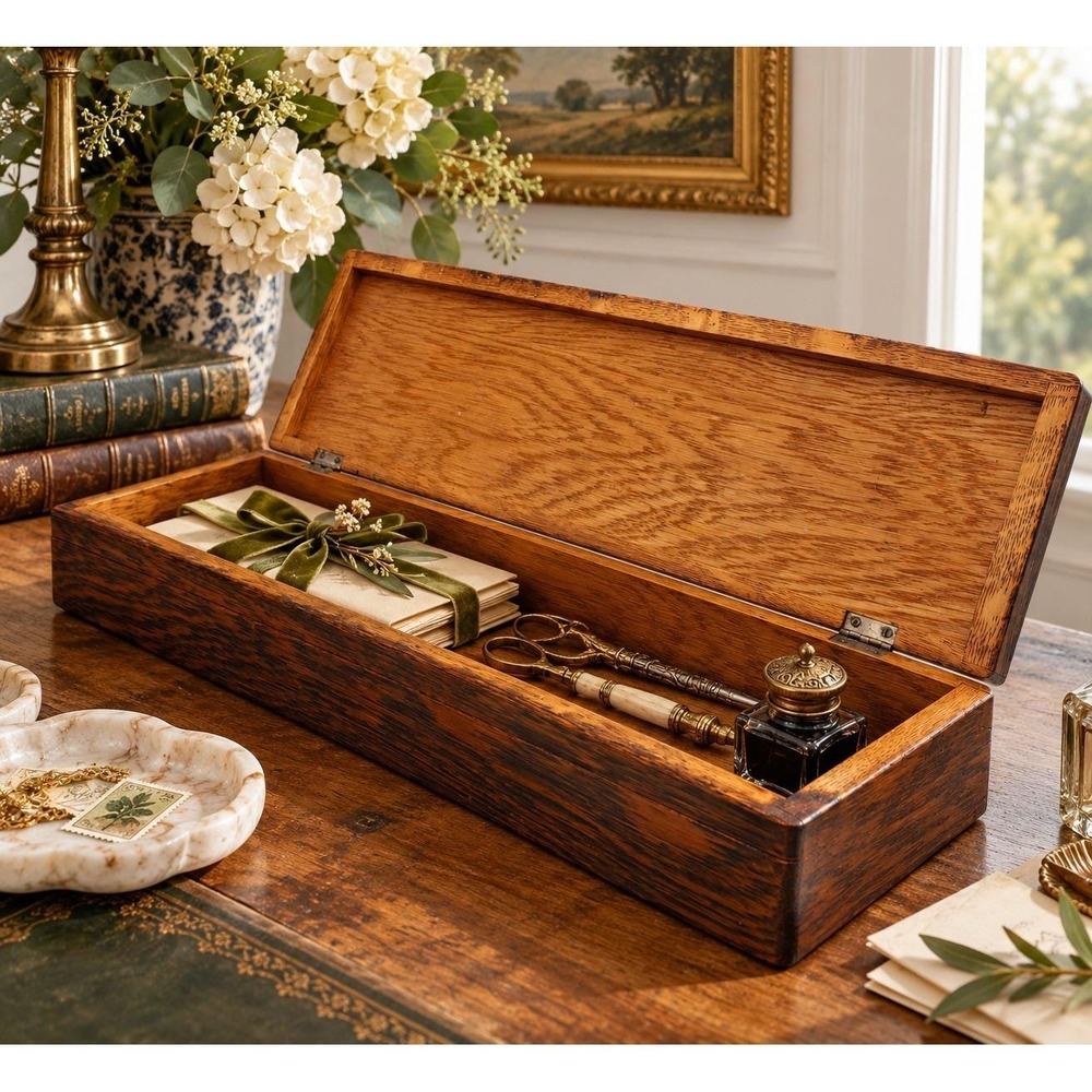 Vintage Handmade Wooden Storage Box Tiger Oak Grain Long Rectangular Felt Bottom